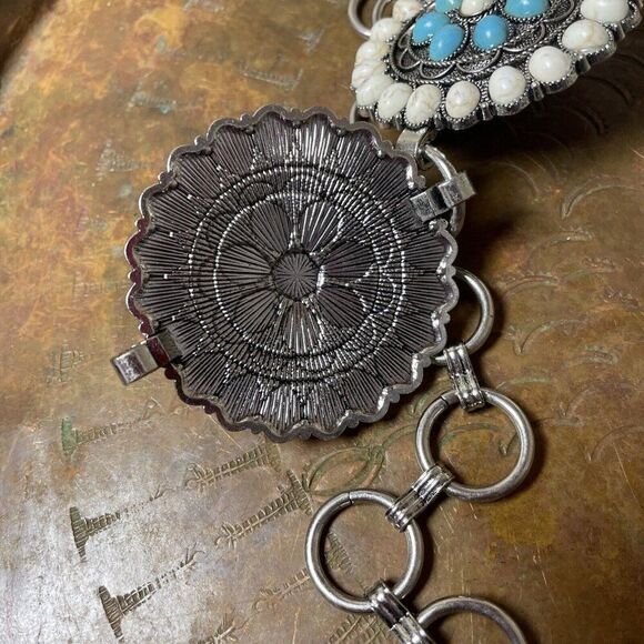 Concho Southwest Silver Unisex Chain belt adjustable 51” Turquoise WHITE Western main image 6
